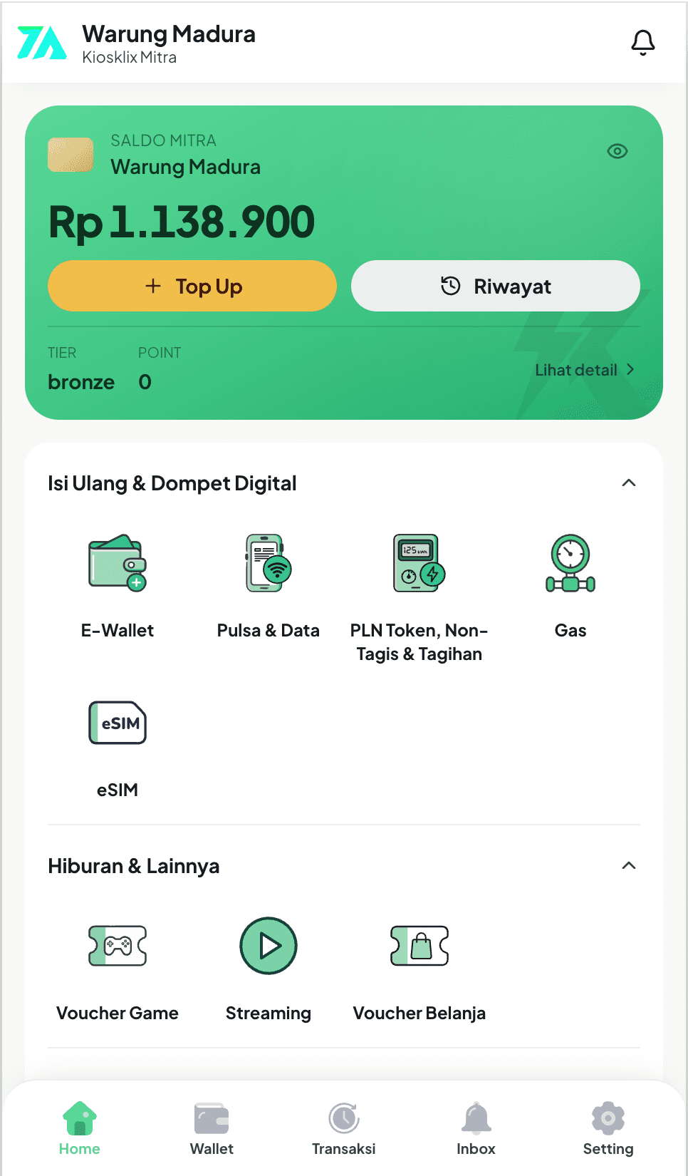 Aplikasi Kiosklix Mitra — beranda saldo & layanan
